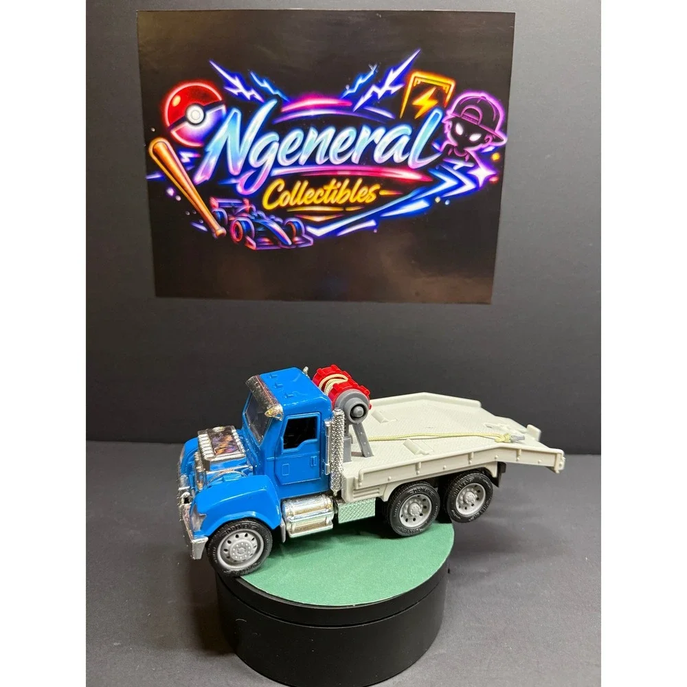 Vintage Blue Diecast Flatbed Tow Truck Wrecker Toy Chrome Accents 6-Wheel Semi
